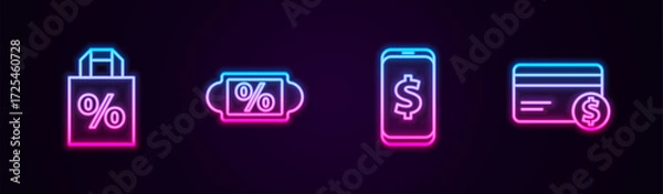 Fototapeta Set line Shoping bag with percent discount, Discount tag, Smartphone dollar and Credit card and. Glowing neon icon. Vector