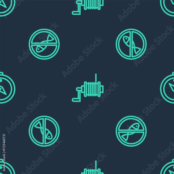 Fototapeta Set line Spinning reel for fishing, No and Compass on seamless pattern. Vector