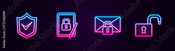 Fototapeta Set line Shield with check mark, Tablet closed padlock, Mail message password and Open. Glowing neon icon. Vector