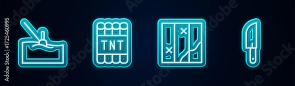 Fototapeta Set line Fishing float in water, Detonate dynamite bomb stick, Folded map and Knife. Glowing neon icon. Vector
