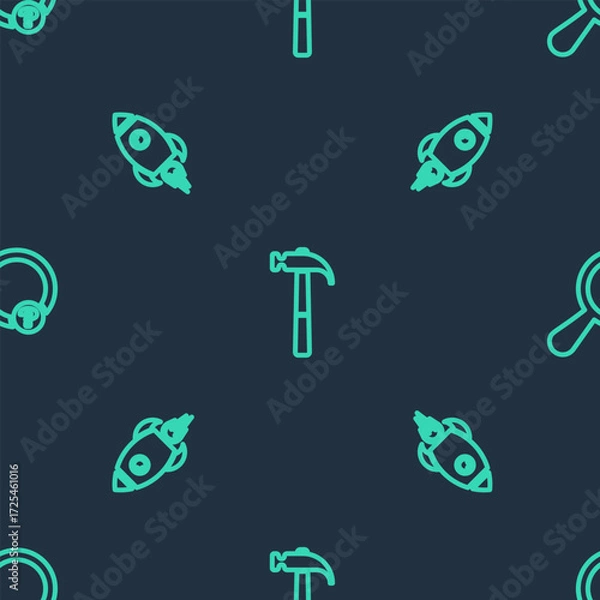 Fototapeta Set line Hammer, Rocket ship with fire and Unknown search on seamless pattern. Vector