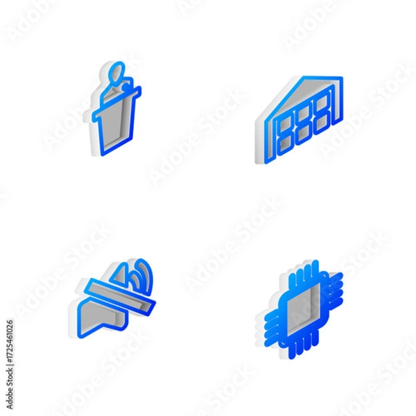 Fototapeta Set Isometric line Warehouse, Speaker, mute and Processor with CPU icon. Vector
