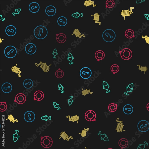 Fototapeta Set line Fishing hook, lure, Spinning reel for fishing and Lifebuoy on seamless pattern. Vector