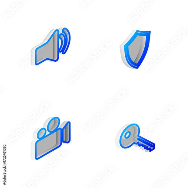 Fototapeta Set Isometric line Shield, Speaker volume, Movie or Video camera and Key icon. Vector