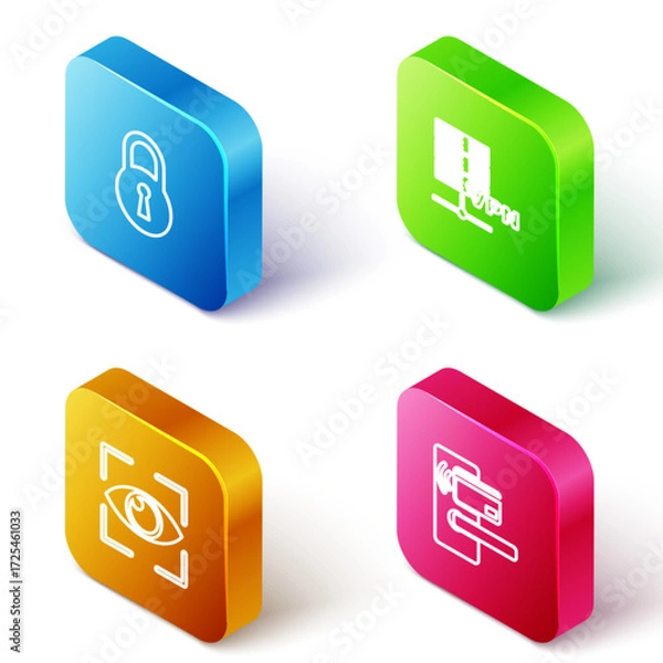 Fototapeta Set Isometric line Lock, Server VPN, Eye scan and Digital door lock with wireless icon. Vector