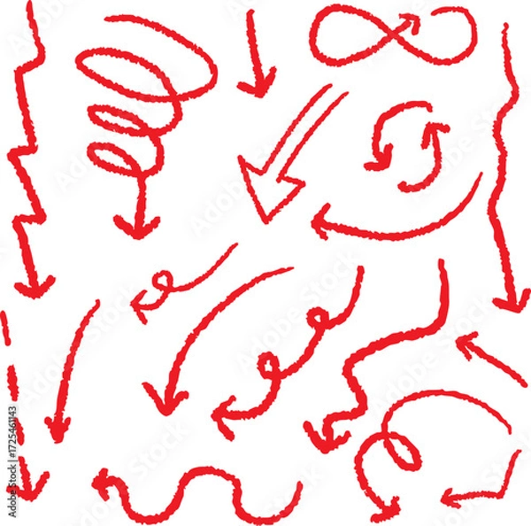 Fototapeta Red Crayon Arrow Doodles Set, Hand Drawn Swirls, Curved Lines, Chaotic Pointers, Chalk Sketches, Artistic Design Elements, Grunge Style Marker Scribbles, Crayon Stroke Outlines