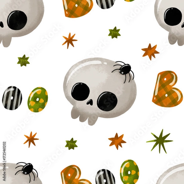 Fototapeta Halloween seamless pattern with halloween skull. Hand drawn watercolor background for october scary pattern