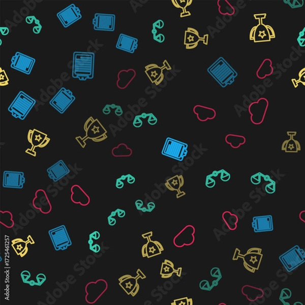 Fototapeta Set line Clipboard with document, Scales of justice, Trophy cup and Cloud on seamless pattern. Vector