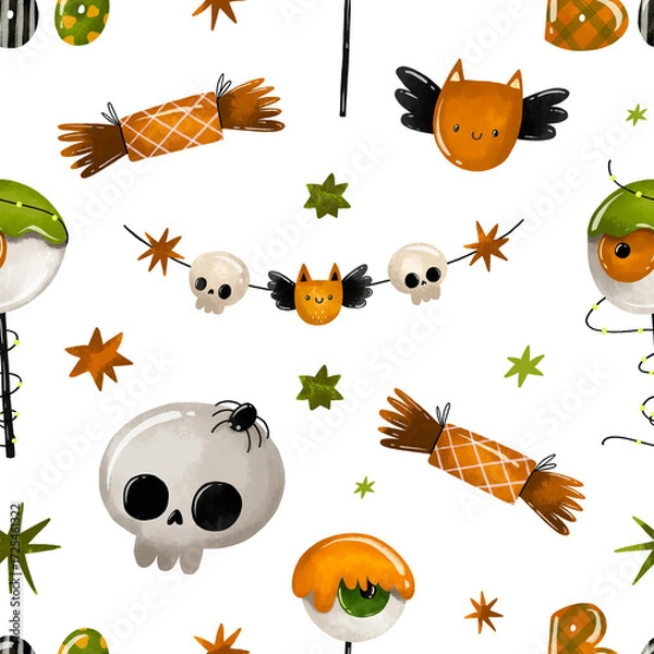 Fototapeta Halloween hand drawn seamless pattern on isolated background. Horror and scary cartoon hand drawn textile pattern, design, print