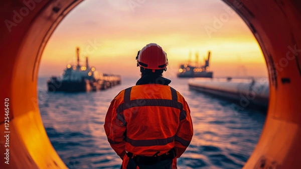 Fototapeta Dedicated maritime worker in bright orange safety gear and red hard hat stands framed, observing distant ships and offshore operations against dramatic ocean sunset.