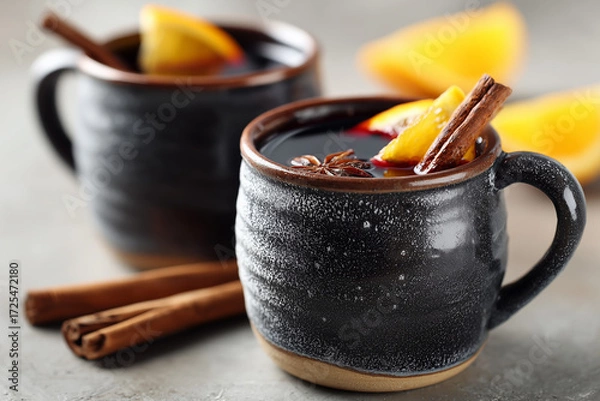 Fototapeta Two black ceramic mugs filled with mulled wine are shown. The drink is garnished with orange slices, star anise, and cinnamon sticks, creating a warm, cozy winter atmosphere on a gray background