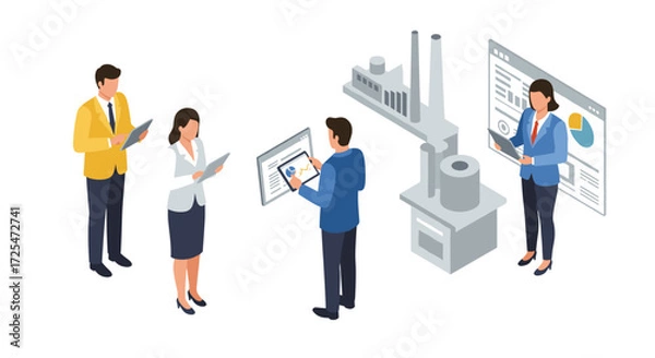 Fototapeta Isometric business team analyzing data with industrial background