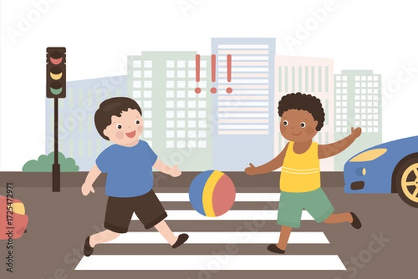 Fototapeta Violation road rules. Kids abruptly cross path, dangerous scene, playing ball roadway, sudden braking car. Warning, red signal, educational scene. Traffic safety rule