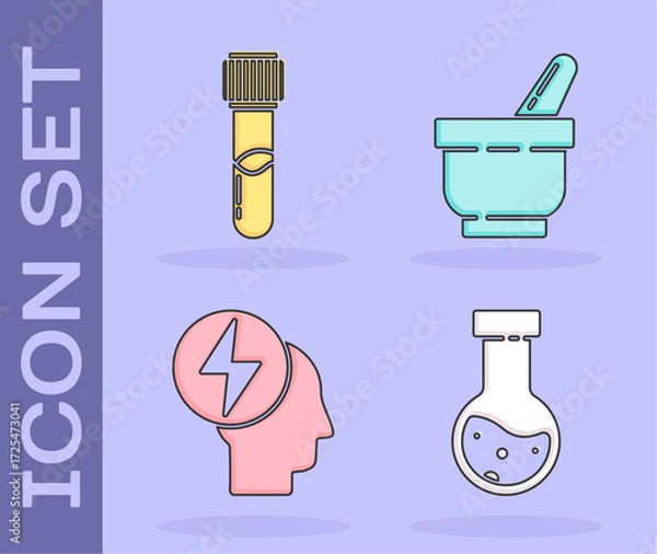 Fototapeta Set Test tube and flask chemical, Test tube and flask chemical, Head and electric symbol and Mortar and pestle icon. Vector