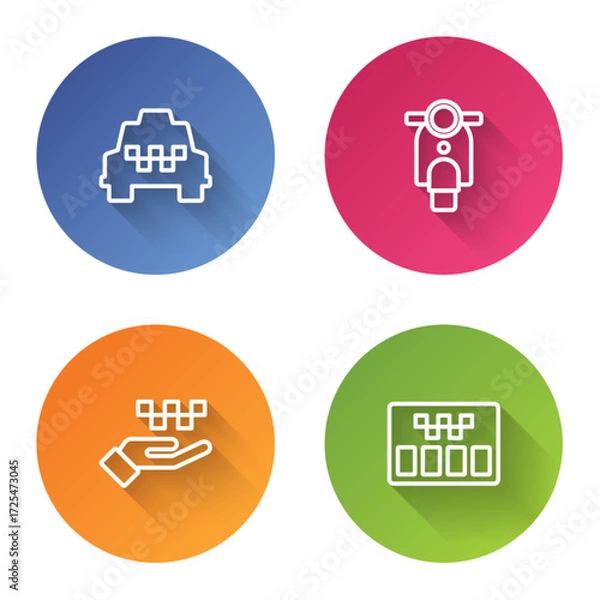 Fototapeta Set line Taxi car, Scooter, Hand with taxi and Taximeter. Color circle button. Vector