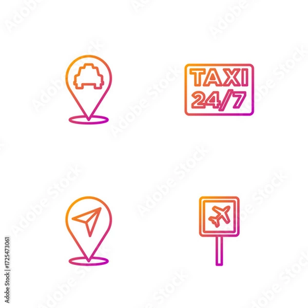 Fototapeta Set line Airport, Location, with taxi and . Gradient color icons. Vector