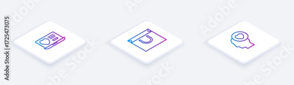 Fototapeta Set Isometric line Dating app online, Shopping bag and Head with heart. White square button. Vector