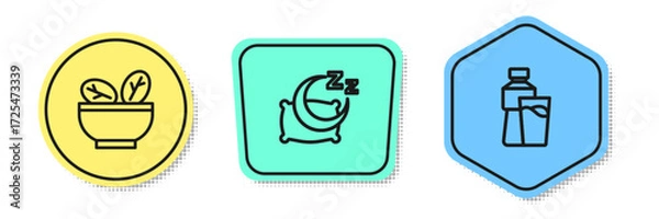 Fototapeta Set line Salad in bowl, Time to sleep and Bottle of water with glass. Colored shapes. Vector