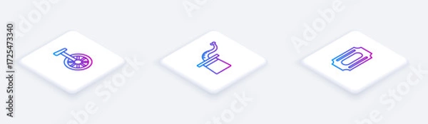 Fototapeta Set Isometric line Unicycle or one wheel bicycle, Magician hat and Circus ticket. White square button. Vector