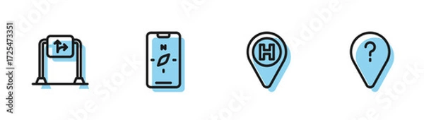 Fototapeta Set line Helicopter landing pad, Road traffic sign, Compass on mobile and Unknown route point icon. Vector