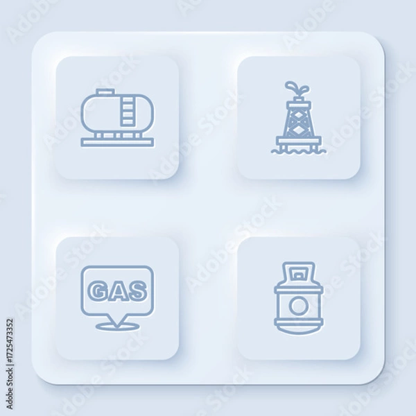 Fototapeta Set line Oil tank storage, rig, Location and gas station and Propane. White square button. Vector