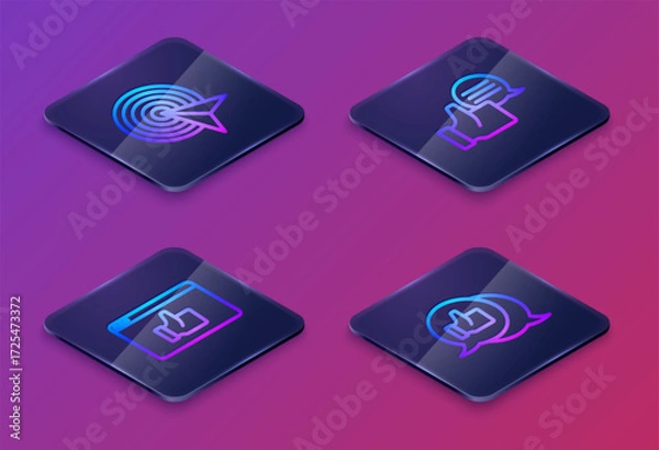 Fototapeta Set Isometric line Target, Customer product rating, and . Blue square button. Vector