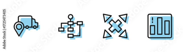 Fototapeta Set line Many ways directional arrow, Delivery tracking, Hierarchy organogram chart and Pie infographic icon. Vector