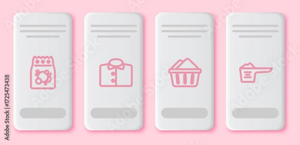 Fototapeta Set line Laundry detergent, T-shirt, Basin with soap suds and Washing powder. White rectangle button. Vector