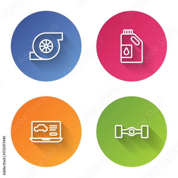 Fototapeta Set line Automotive turbocharger, Canister for motor oil, Diagnostics condition of car and Chassis. Color circle button. Vector