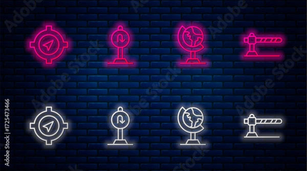 Fototapeta Set line Turn back road sign, Earth globe, Compass and Parking car barrier. Glowing neon icon on brick wall. Vector