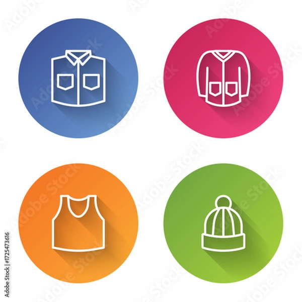 Fototapeta Set line Shirt, Sweater, Undershirt and Winter hat. Color circle button. Vector