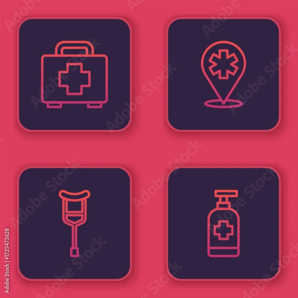 Fototapeta Set line First aid kit, Crutch or crutches, Location hospital and Antibacterial soap. Blue square button. Vector