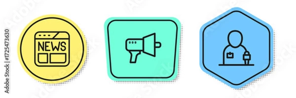 Fototapeta Set line News, Megaphone and Journalist news. Colored shapes. Vector