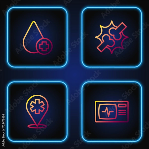 Fototapeta Set line Monitor with cardiogram, Location hospital, Donate drop blood and Joint pain, knee pain. Gradient color icons. Vector