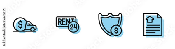 Fototapeta Set line Shield with dollar, Car rental, Rent and House contract icon. Vector
