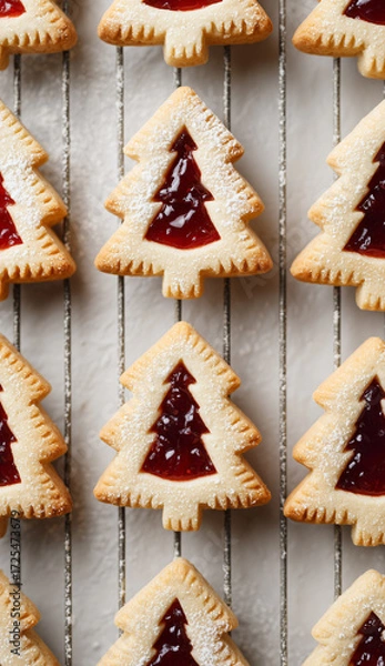 Fototapeta Christmas tree shaped cookies with jam filling and powdered sugar close up 