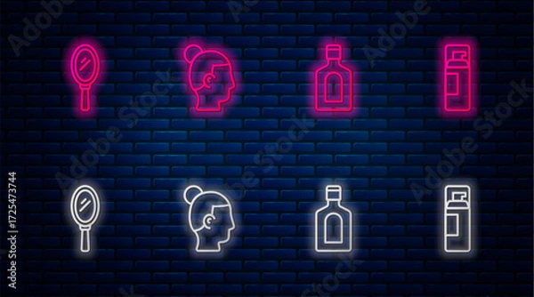 Fototapeta Set line Hairstyle for men, Bottle of shampoo, Hand mirror and Shaving gel foam. Glowing neon icon on brick wall. Vector
