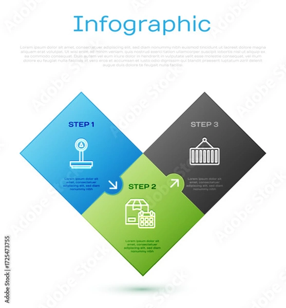 Fototapeta Set line Scale, Container on crane and Cardboard box with calendar. Business infographic template. Vector