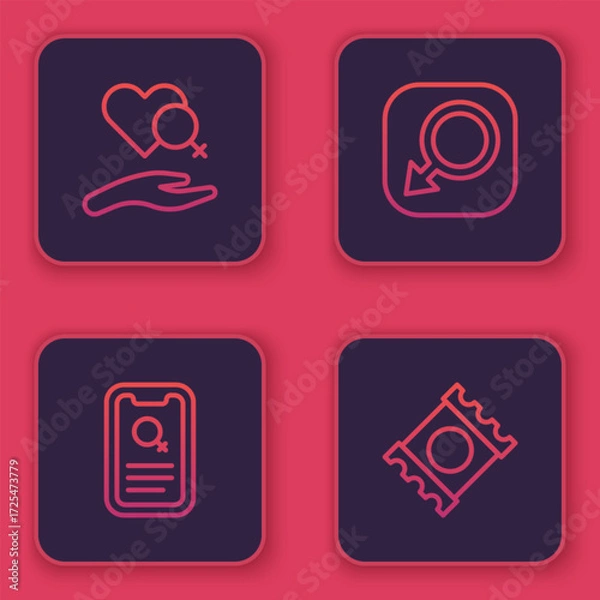 Fototapeta Set line Heart with female gender, Dating app, Male and Condom package. Blue square button. Vector