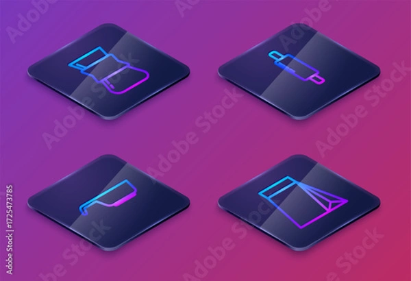 Fototapeta Set Isometric line Coffee turk, Frying pan, Rolling pin and Bag coffee beans. Blue square button. Vector
