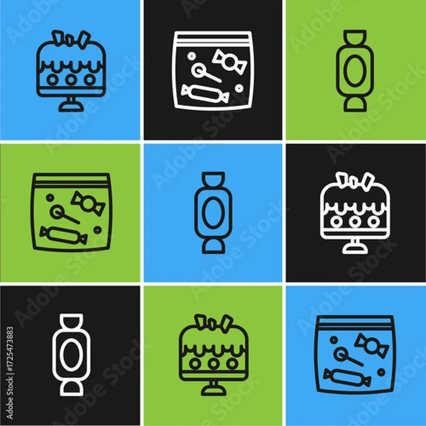 Fototapeta Set line Cake on plate, Candy and packaging for sweets icon. Vector