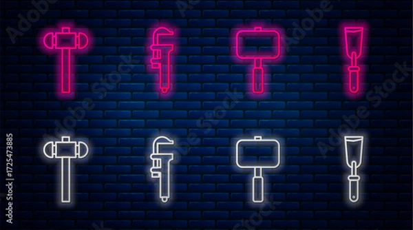 Fototapeta Set line Calliper or caliper and scale, Sledgehammer, Sledgehammer and Putty knife. Glowing neon icon on brick wall. Vector
