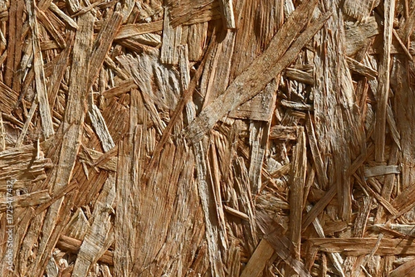 Fototapeta Plywood background with shadow of leaves overlay effect in the sun. Recycled compressed wood texture background. Dirty old grunge and rough backdrop.