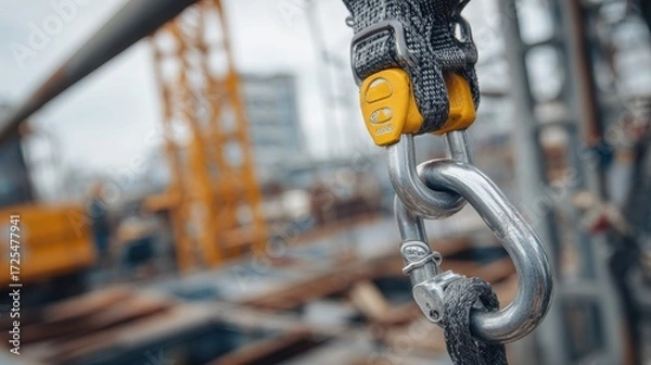 Fototapeta A safety hook hangs prominently in the foreground as workers are busy on a construction site. Dark clouds loom, hinting at an impending change in weather
