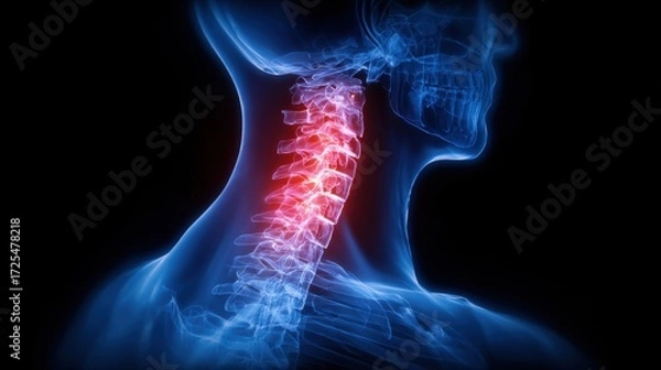 Fototapeta A detailed representation of the human neck anatomy shows highlighted areas indicating pain in the cervical spine. The image captures the complexity of the spinal structure
