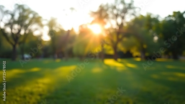 Fototapeta A sunny park scene with softly blurred greenery, glowing in golden hour sunlight.