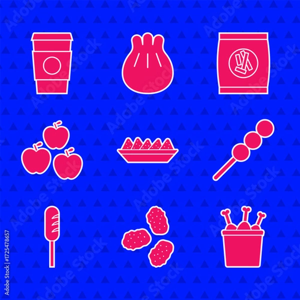 Fototapeta Set Nachos in plate, Chicken nuggets, leg package box, Meatballs on wooden stick, Fried sausage, Apple, Hard bread chucks crackers and Coffee cup to go icon. Vector