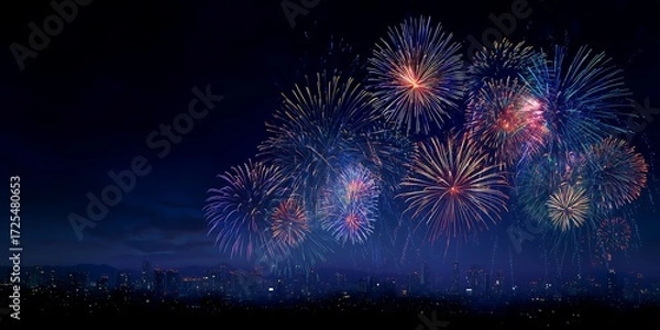 Obraz Vibrant Fireworks Display on a Dark Night Sky. Happy New Year Background