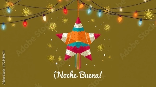 Fototapeta Noche buena star piñata with colorful tassels, hanging string lights, golden sparkles and festive confetti on warm background, spanish nochebuena christmas eve decoration banner for cards