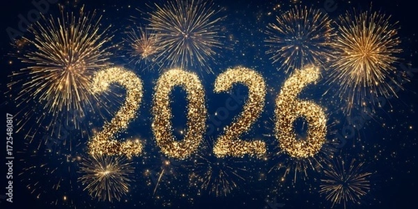 Obraz Happy New Year 2026 Gold Confetti and Fireworks Background. Happy New Year Background
